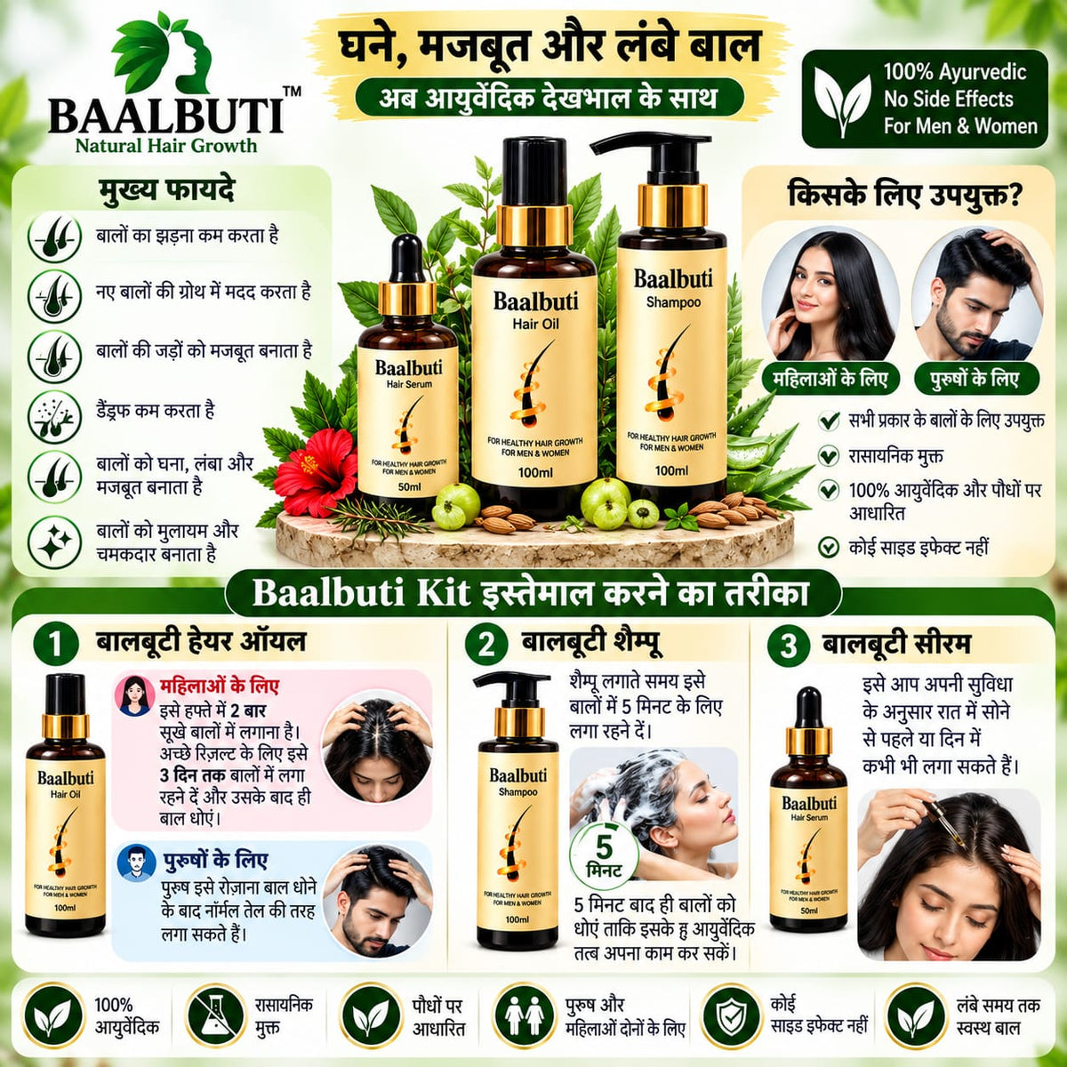 Baalbuti Complete Ayurvedic Hair Care Kit (Oil + Shampoo + Serum) | 3-Step Hair Regrowth Treatment