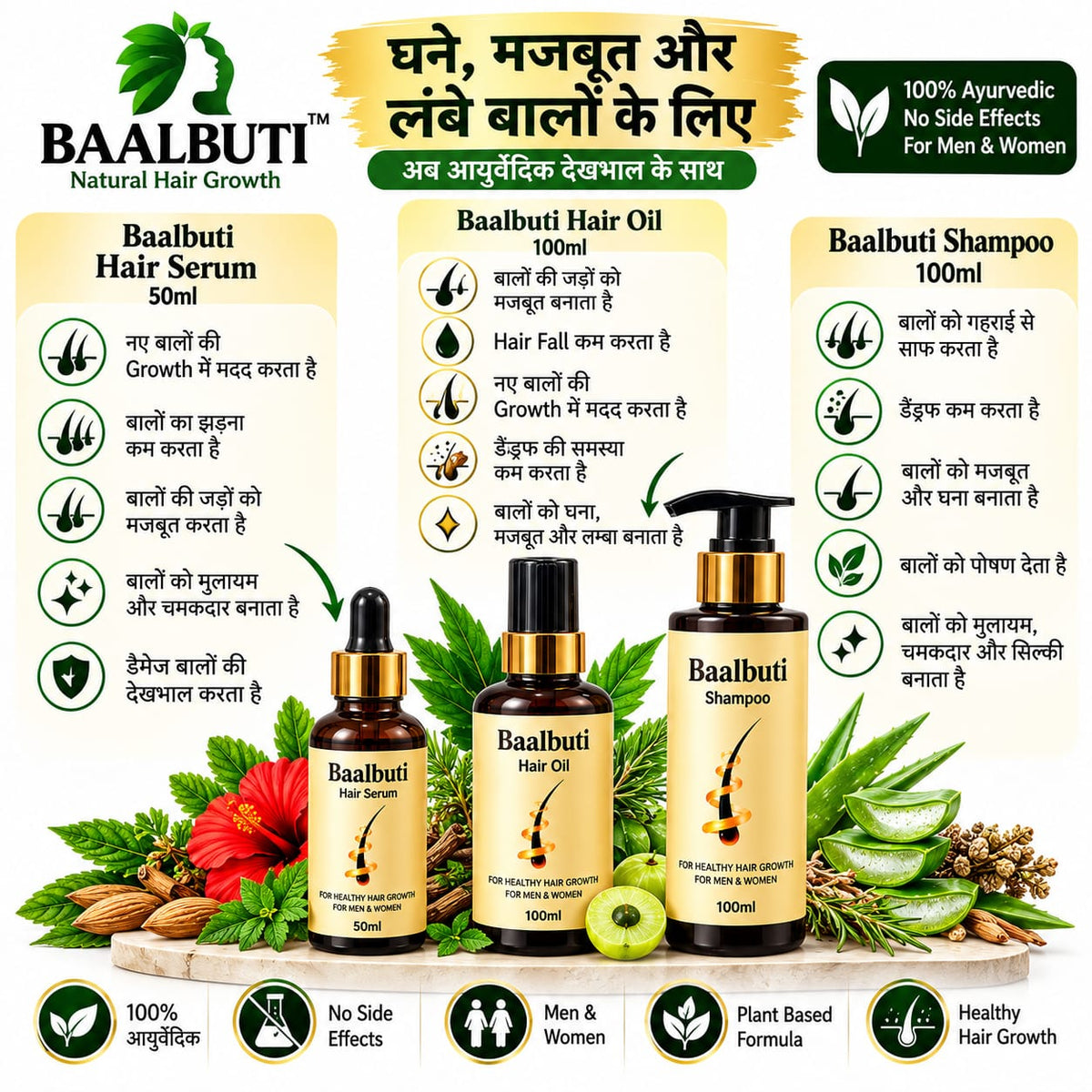 Baalbuti Complete Ayurvedic Hair Care Kit (Oil + Shampoo + Serum) | 3-Step Hair Regrowth Treatment